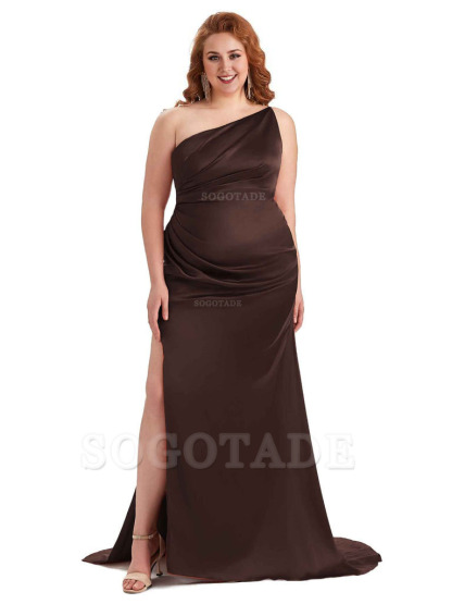 Sexy One Shoulder Side Slit Mermaid Soft Satin Long Plus Size Bridesmaid Dress For Wedding