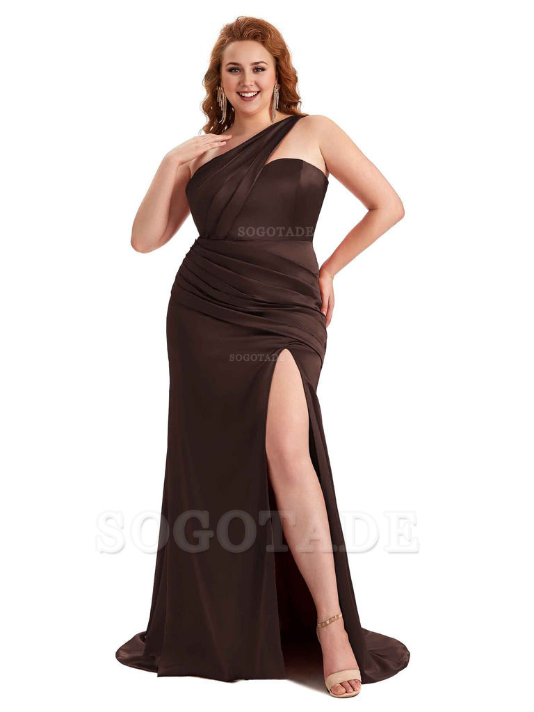 Sexy Side Slit One Shoulder Mermaid Soft Satin Long Plus Size Matron of Honor Dress For Wedding