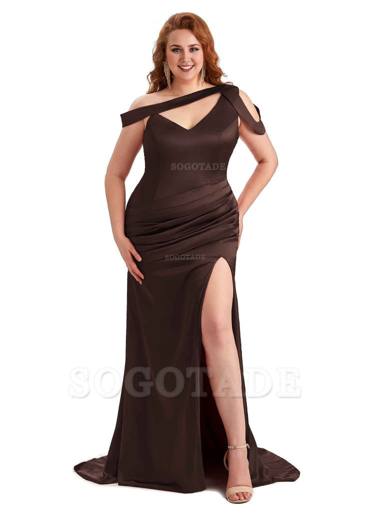 Sexy V-Neck Side Slit Unique Mermaid Soft Satin Long Plus Size Bridesmaid Dress For Wedding