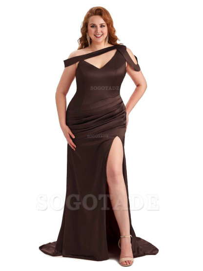 Sexy V-Neck Side Slit Unique Mermaid Soft Satin Long Plus Size Bridesmaid Dress For Wedding