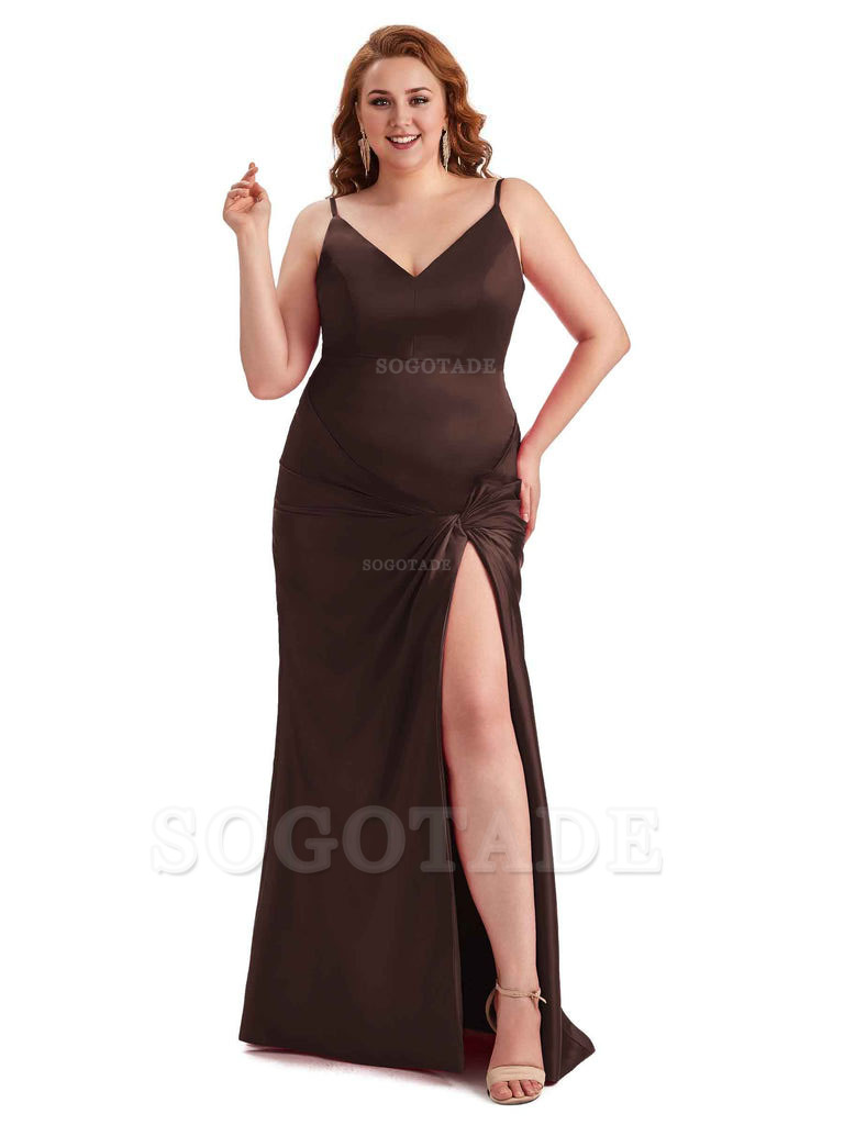 Sexy Spaghetti Straps V-neck Side Slit Mermaid Soft Satin Long Plus Size Bridesmaid Dress