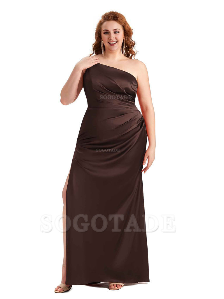 Sexy Side Slit One Shoulder Mermaid Soft Satin Long Plus Size Maid of Honour Dresses