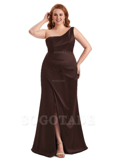 Sexy Side Slit One Shoulder Mermaid Long Plus Size Satin Maxi Dresses