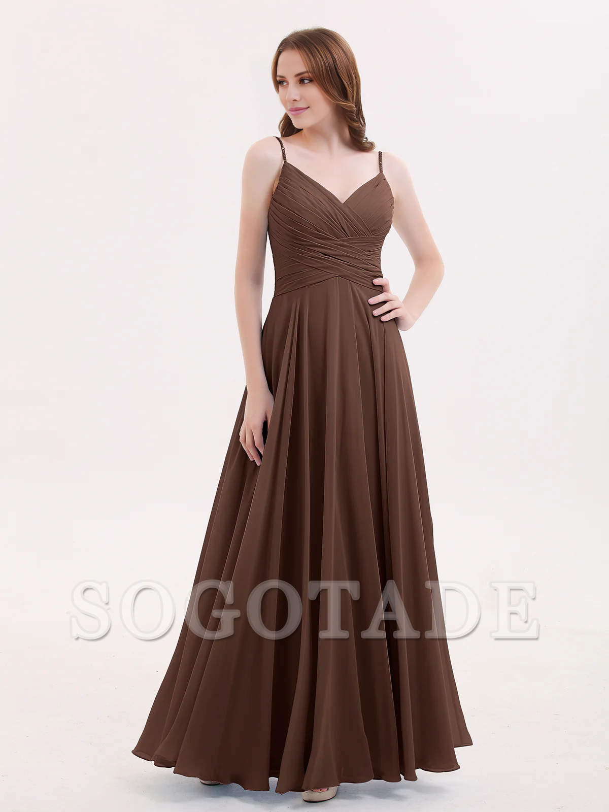 V-neck Fine Shoulder Strap Floor Length Chiffon Bridesmaid Dresses Online