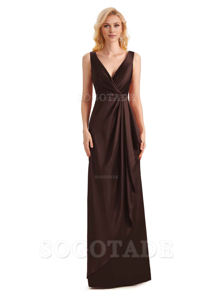 V Neck Elegant Soft Satin Formal Long Maid Bridesmaid Dresses Formal Wear Dresses