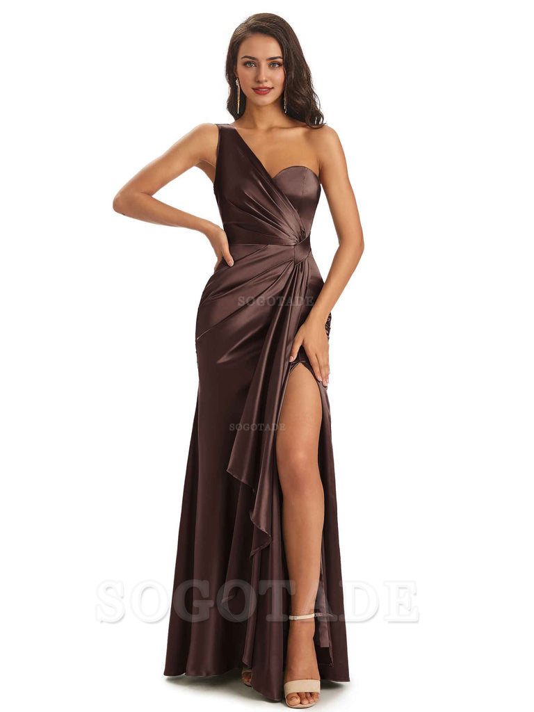 Elegant Soft Satin Side Slit One Shoulder Unique Mermaid Bridesmaid Dresses Online prom dresses shops