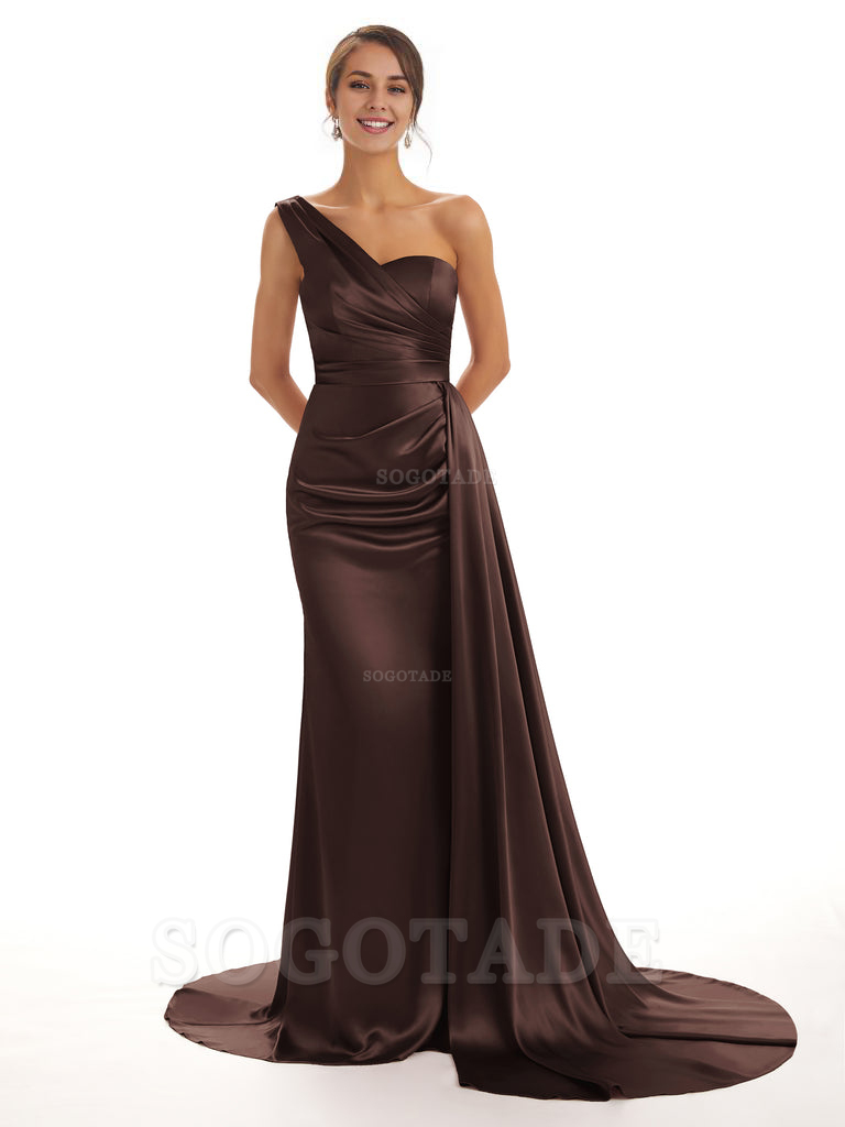 Elegant One Shoulder Soft Satin Unique Mermaid Long Bridesmaid Dresses Online prom dresses shops