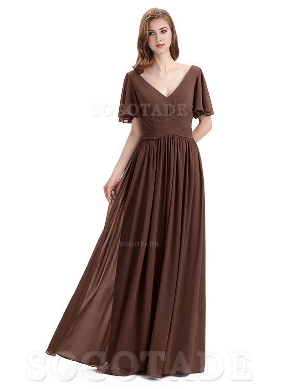 A-Line Chiffon Short Sleeves Elegant Floor-Length Bridesmaid Dresses Formal Women's Dresses Wedding Guests Dresses