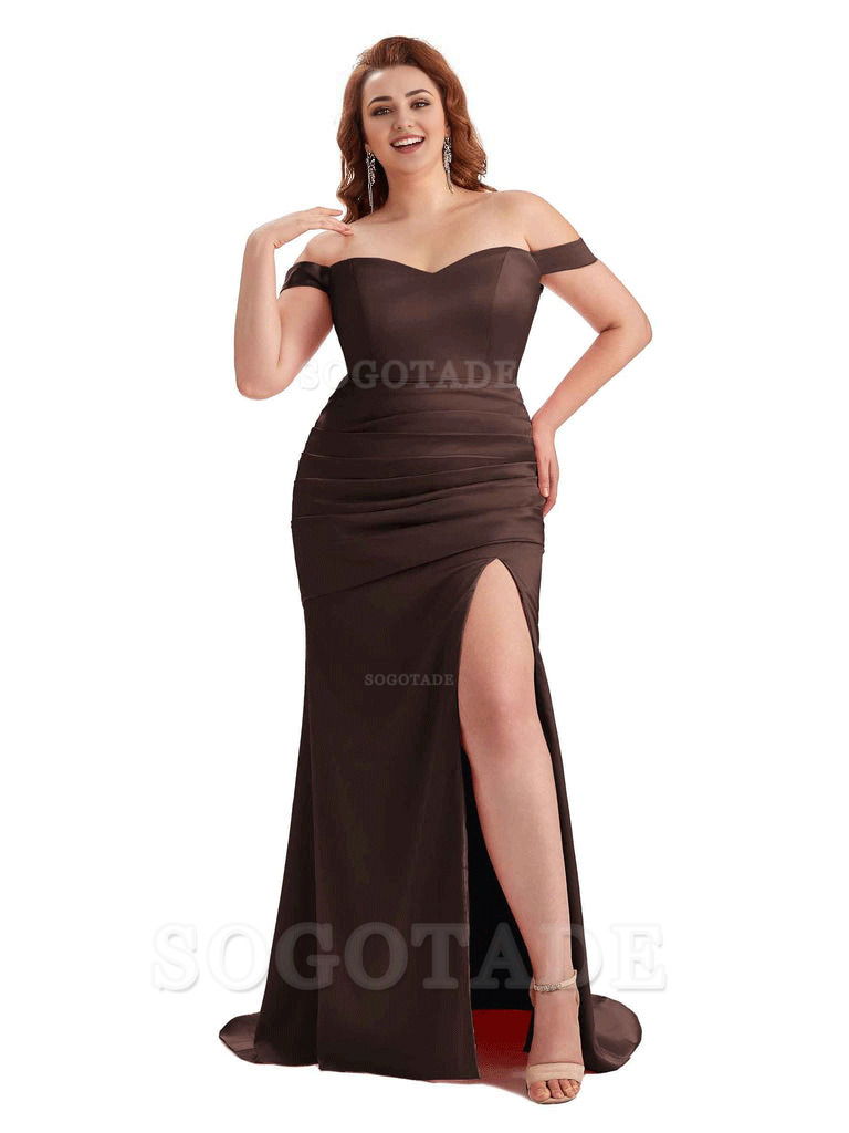 Sexy Mermaid Off The Shoulder Side Slit Soft Satin Long Plus Size Wedding Party Dresses