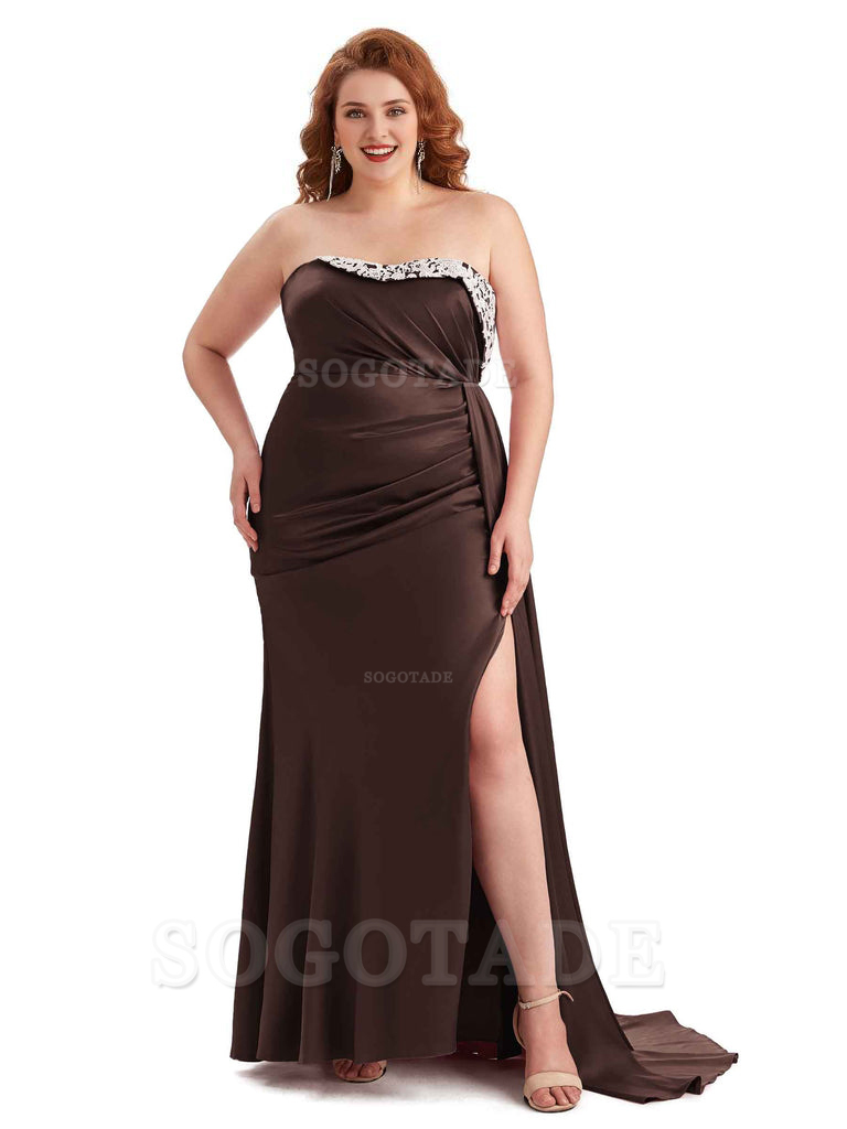 Sexy Side Slit Strapless Mermaid Lace Soft Satin Long Plus Size Maid of Honor Dresses