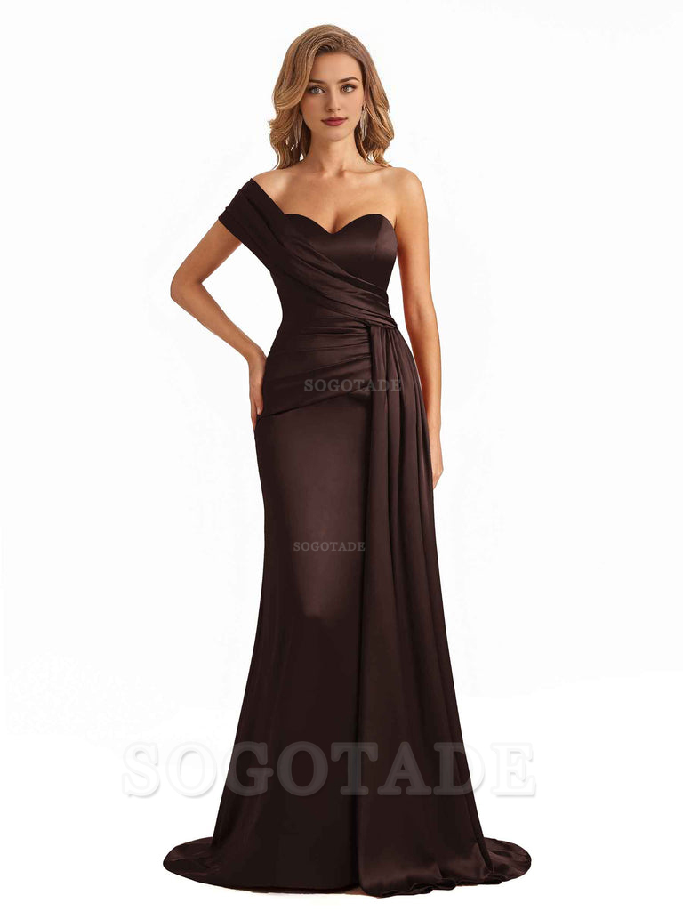 Elegant One Shoulder Soft Satin Long Mermaid Bridesmaid Dresses Online prom shop dresses ﻿