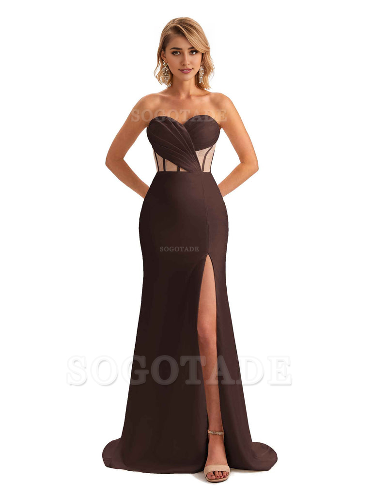 Sexy Sweetheart Strapless Side Slit Mermaid Soft Satin Unique Long Bridesmaid Dress For Wedding