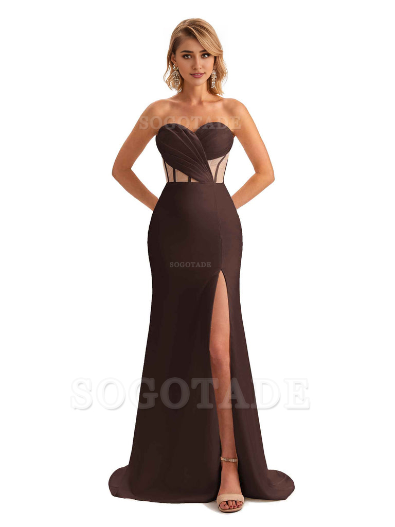 Sexy Sweetheart Strapless Side Slit Mermaid Soft Satin Unique Long Bridesmaid Dress For Wedding