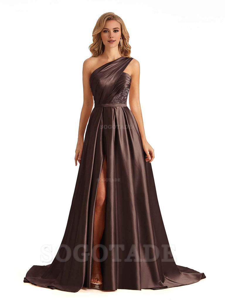 Sexy Side Slit One Shoulder A-Line Soft Satin Long Bridesmaid Dresses Online prom dress in store