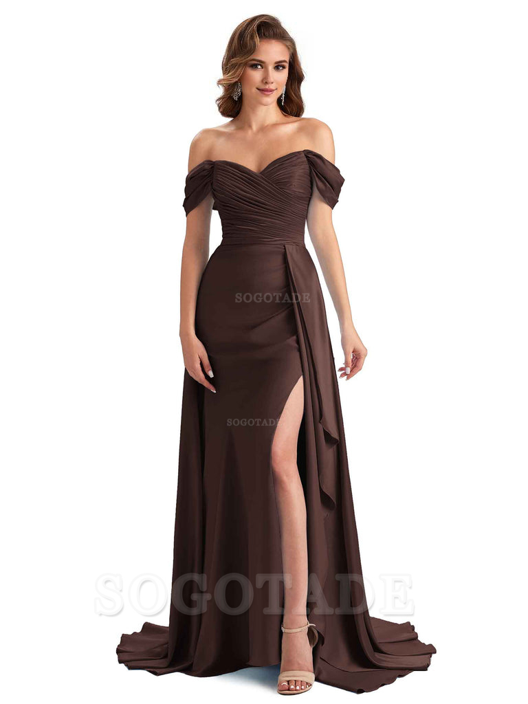 Sexy Side Slit Mermaid Soft Satin Off The Shoulder Long Unique Bridesmaid Dresses prom dress in store