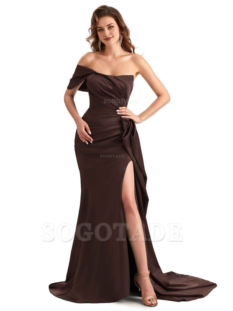 Sexy Side Slit Mermaid Silky Satin One Shoulder Chic Long Maid Of Honor Dresses