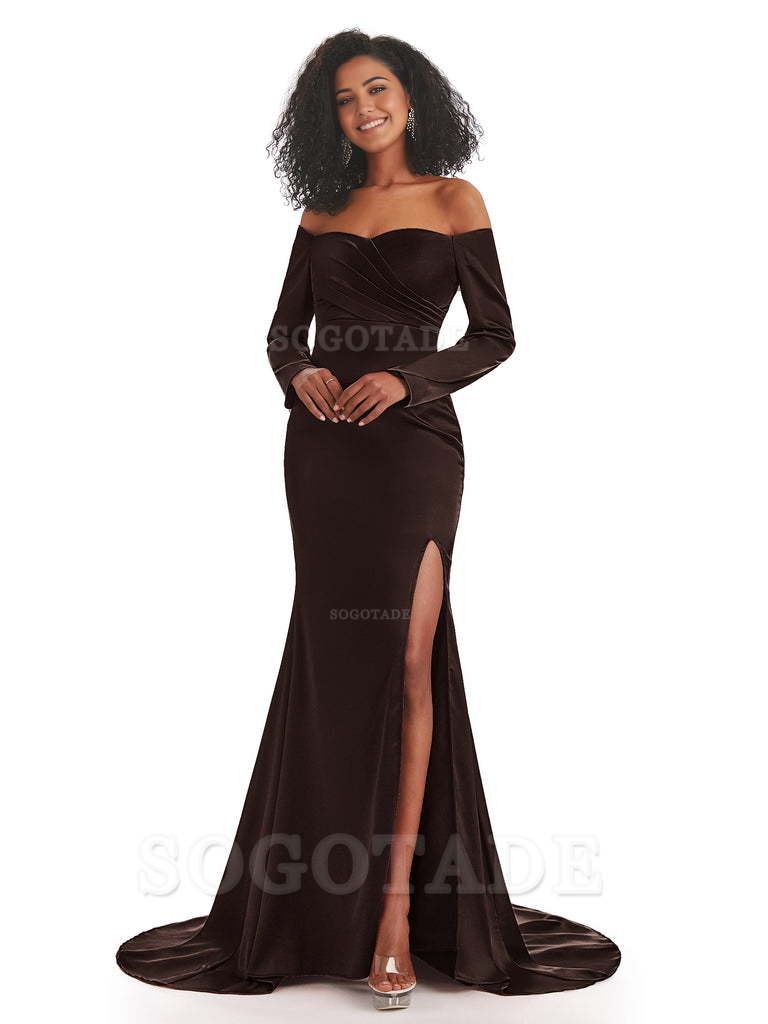 Mermaid Long Sleeve Satin formal dresses evening gown Bridesmaid Dresses With Side Slit 