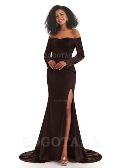 Mermaid Long Sleeve Satin formal dresses evening gown Bridesmaid Dresses With Side Slit 