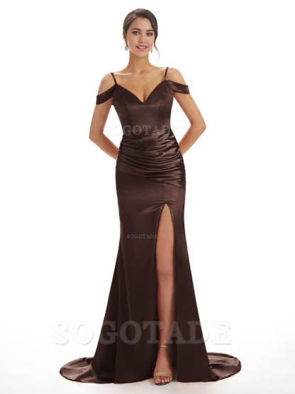 Mermaid Off The Shoulder Satin formal dresses evening gown Bridesmaid Dresses With Side Slit 
