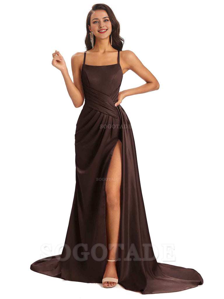 Sexy Soft Satin Side Slit Spaghetti Straps Long Maxi Bridesmaid Dresses prom shop dresses