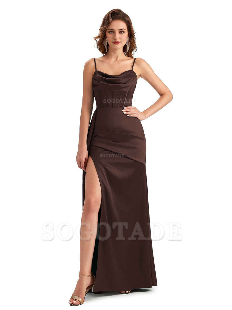 Sexy Side Slit Mermaid Silky Satin Spaghetti Straps Unique Wedding Guest Dresses