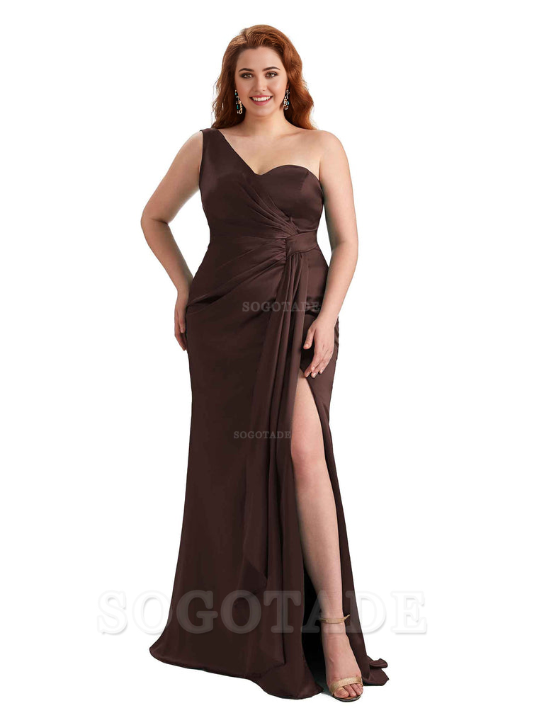  Sexy One Shoulder Side Hight Slit Mermaid Satin Floor Length Long Plus Size Bridesmaid Dress For Wedding