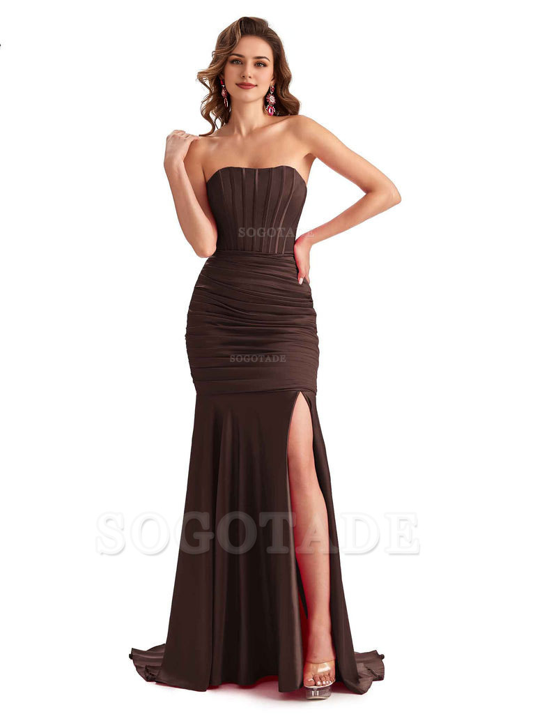 Sexy Strapless Side Slit Mermaid Silky Satin Formal Bridesmaid Dresses