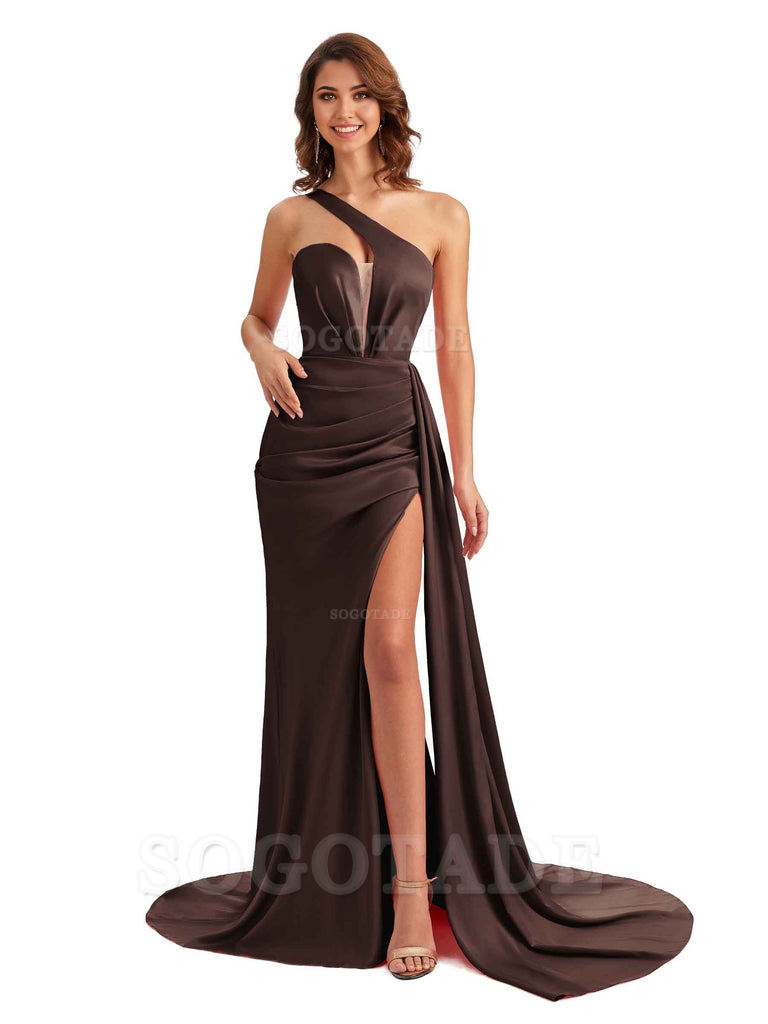 Mermaid One Shoulder Satin formal dresses evening gown Bridesmaid Dresses With Side Slit