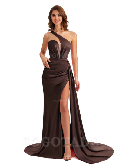Mermaid One Shoulder Satin formal dresses evening gown Bridesmaid Dresses With Side Slit