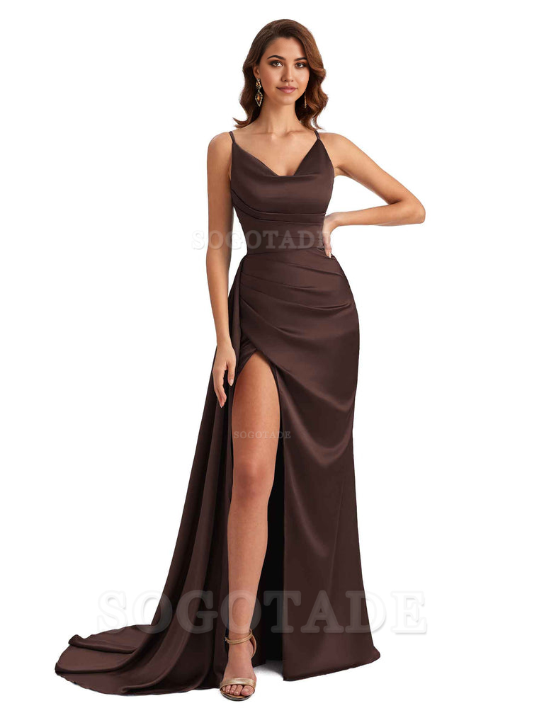 Mermaid Cowl Spaghetti Satin formal dresses evening gown Bridesmaid Dresses With Side Slit