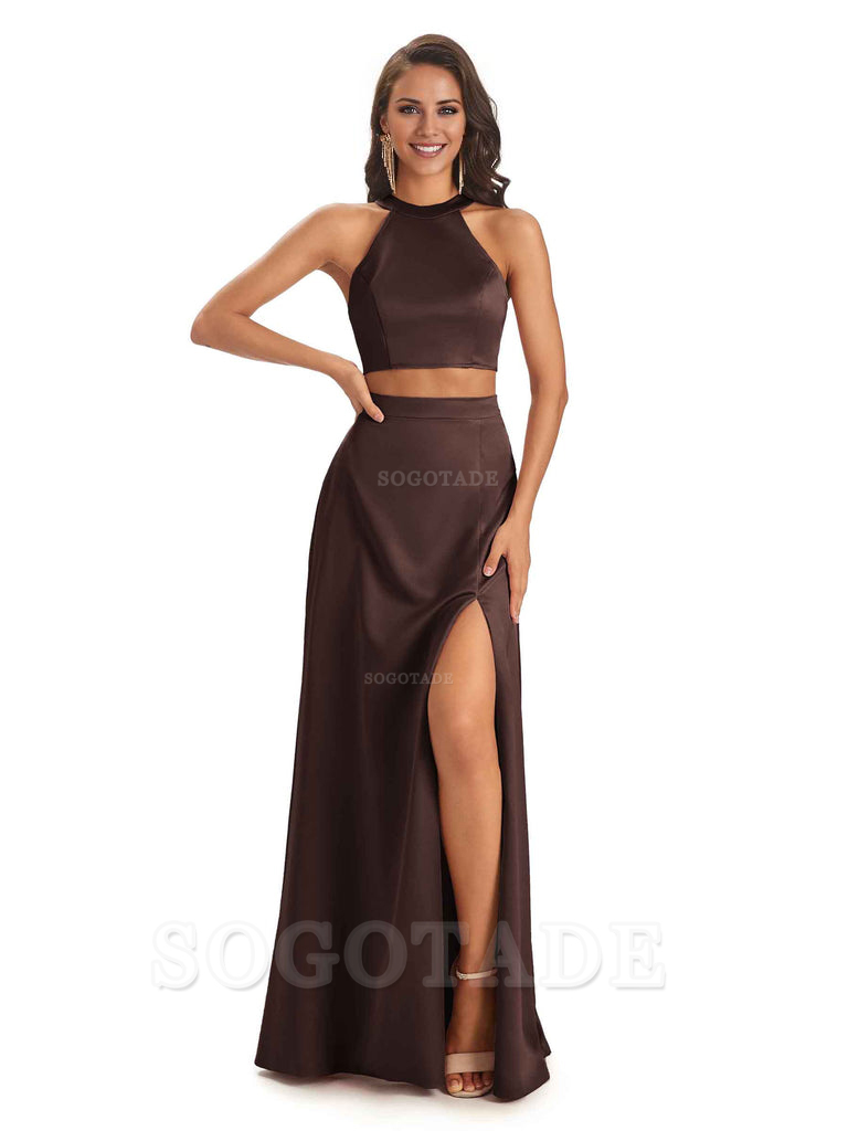 Soft Satin Two-Pieces Halter Side Slit Sexy Fashion Bridesmaid Dresses Charming Evening Party Dress