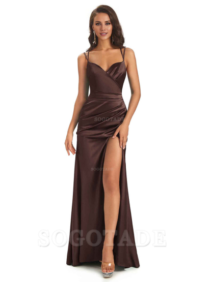 Sexy Soft Satin Side Slit Spaghetti Straps Long Maxi Mermaid Bridesmaid Dresses Elegant Evening Party Dress