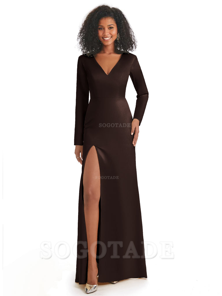 Soft Satin Side Slit Long Sleeves V-Neck Long African Mermaid Bridesmaid Dresses Elegant Evening Party Dress