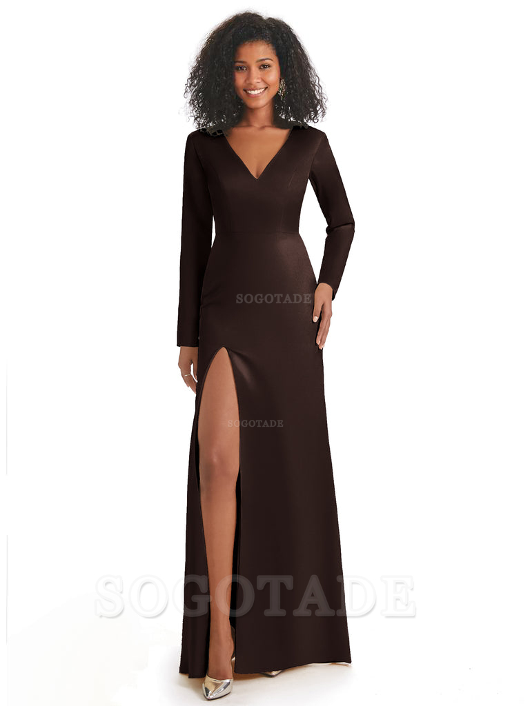 Soft Satin Side Slit Long Sleeves V-Neck Long African Mermaid Bridesmaid Dresses Elegant Evening Party Dress