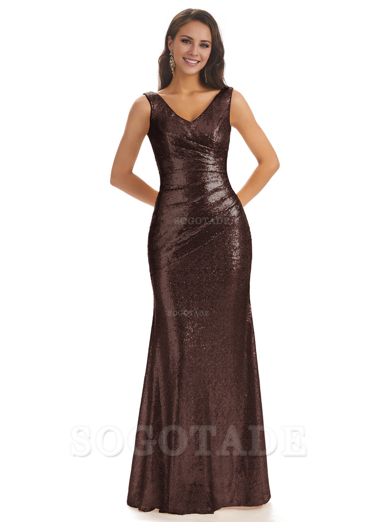 Sexy Sequin V-Neck Sparkly Long Mermaid Bridesmaid Dresses Charming Evening Party Dress