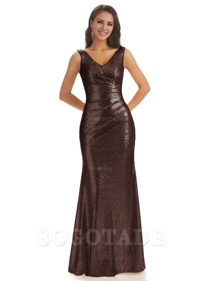 Sexy Sequin V-Neck Sparkly Long Mermaid Bridesmaid Dresses Charming Evening Party Dress