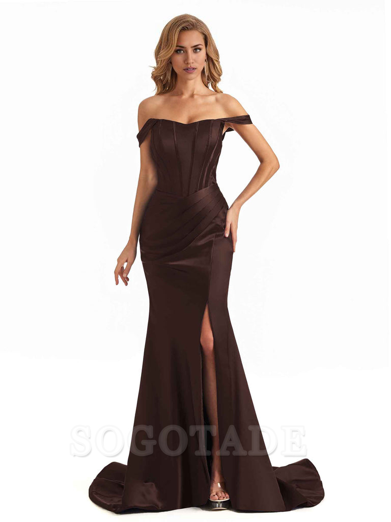 Sexy Long Mermaid Bridesmaid Dresses Off The Shoulder with Side Slit Satin Elegant Evening Party Dress 
