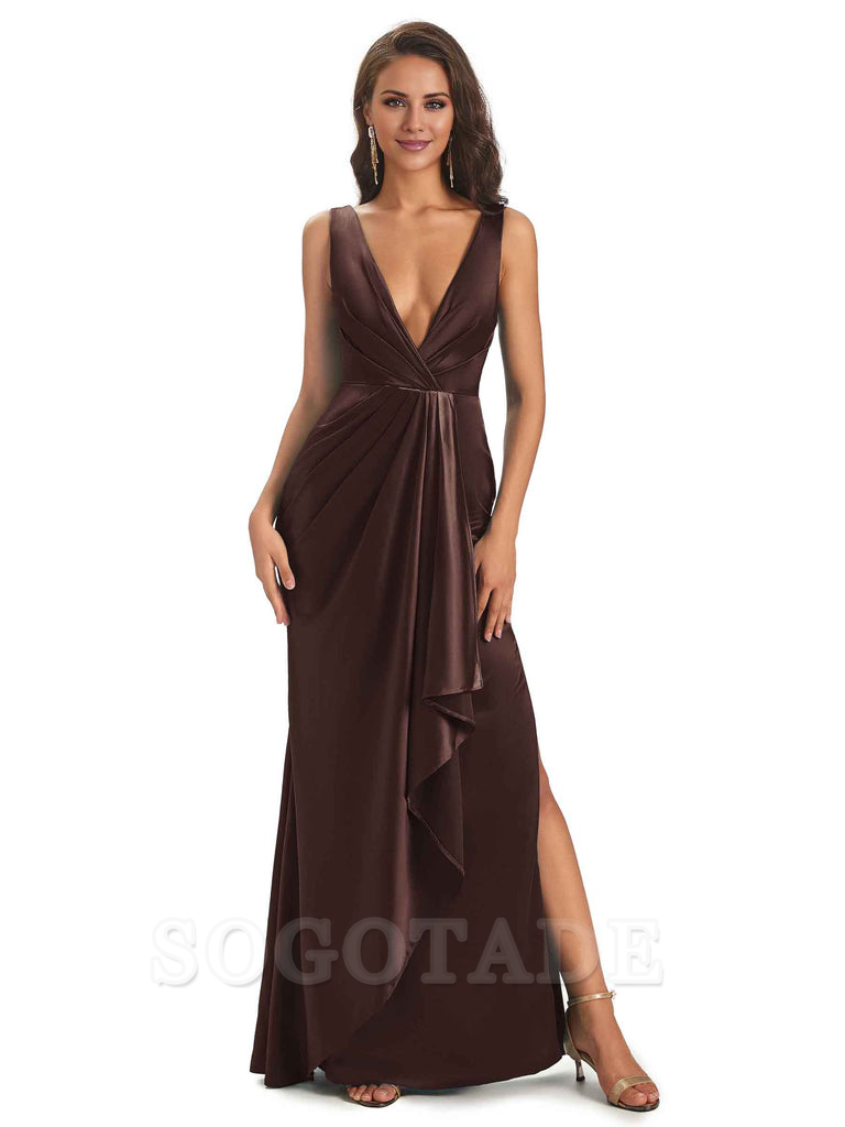 Sexy Satin V-Neck Floor-Length Long Bridesmaid Dresses with Side Slit Elegant Evening Party Dress