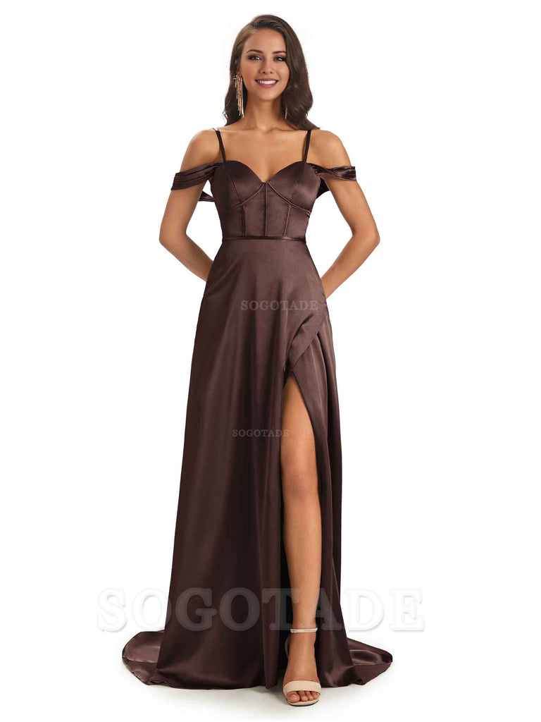 Stylish Soft Satin Side Slit Spaghetti Straps Bridesmaid Dresses Elegant Evening Party Dress