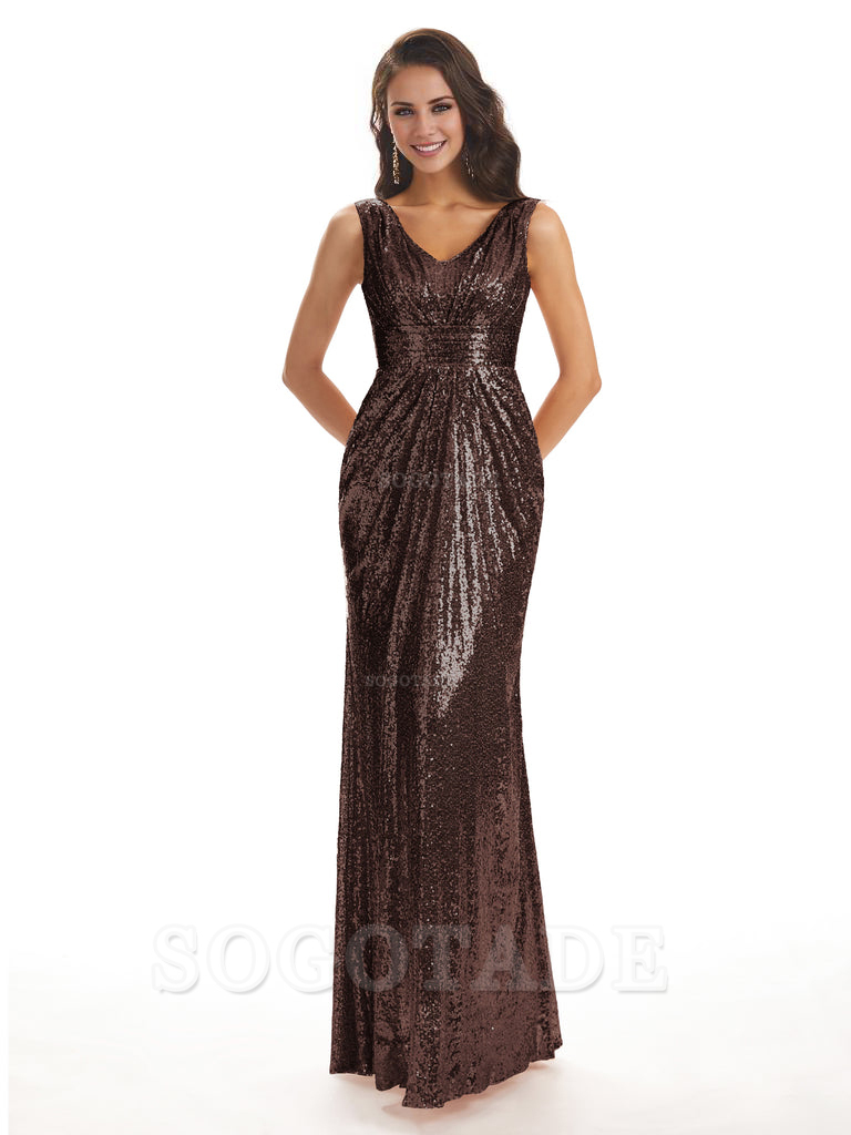 Sparkly V-Neck Sequin Long Mermaid Bridesmaid Dresses Sleeveless Charming Evening Party Dress