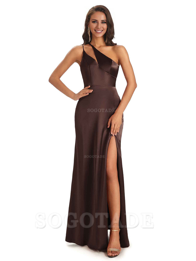 Sexy Soft Satin Side Slit One Shoulder Floor-Length Mermaid Long Bridesmaid Dresses Elegant Evening Party Dress