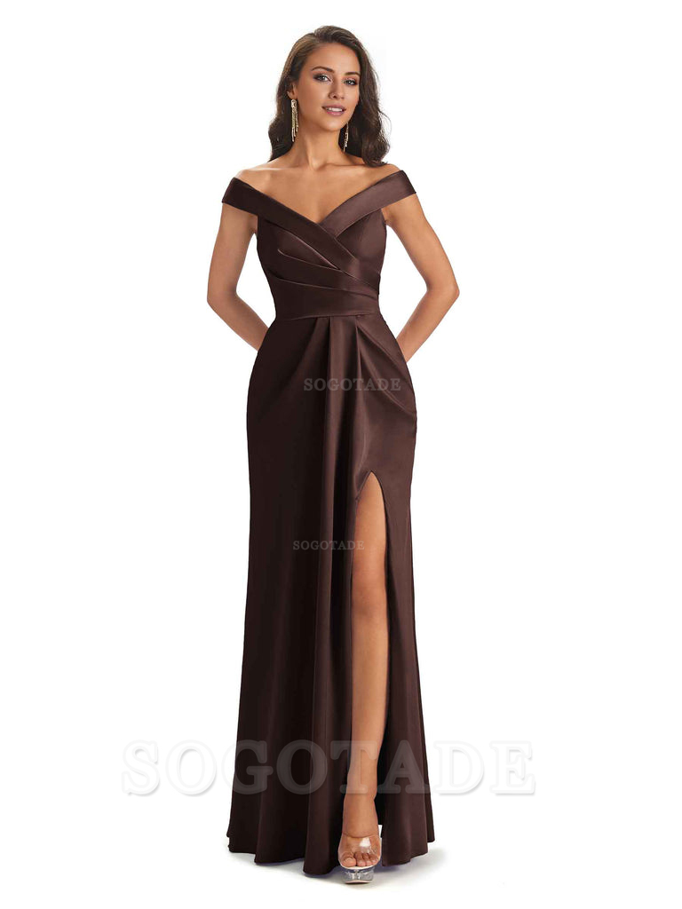 Sexy Soft Side Slit Off Shoulder V-Neck Long Satin Ladies Bridesmaid Dresses Elegant Evening Party Dress