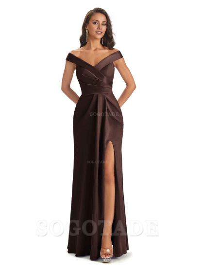 Sexy Soft Side Slit Off Shoulder V-Neck Long Satin Ladies Bridesmaid Dresses Elegant Evening Party Dress