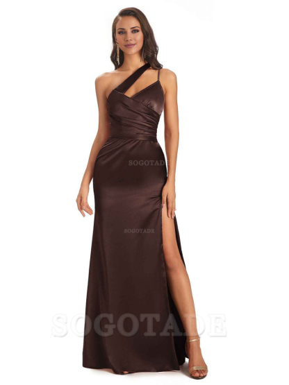 Elegant Soft Satin Side Slit One Shoulder Floor-Length Maxi Bridesmaid Dresses Evening Party Dress
