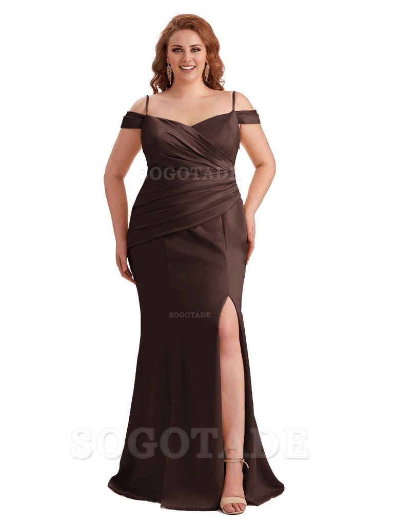 Elegant Cold Shoulder Side Slit Mermaid Soft Satin Long Plus Size Bridesmaid Gowns