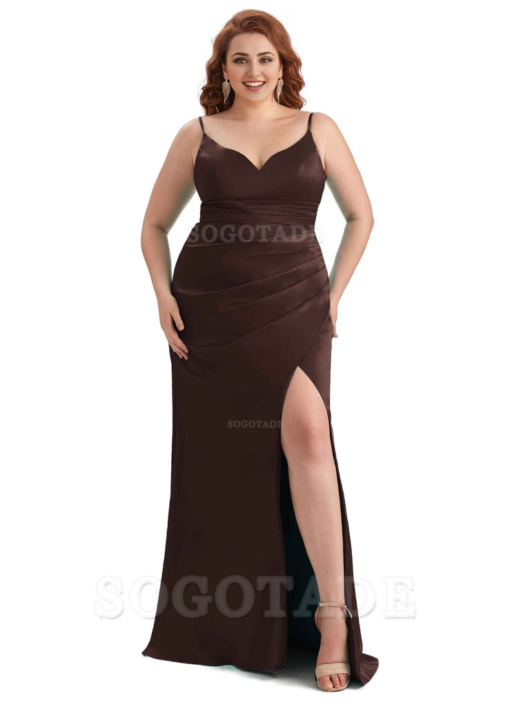 Sexy Side Slit Spaghetti Straps Mermaid Soft Satin Long Plus Size Maid of Honor Dresses