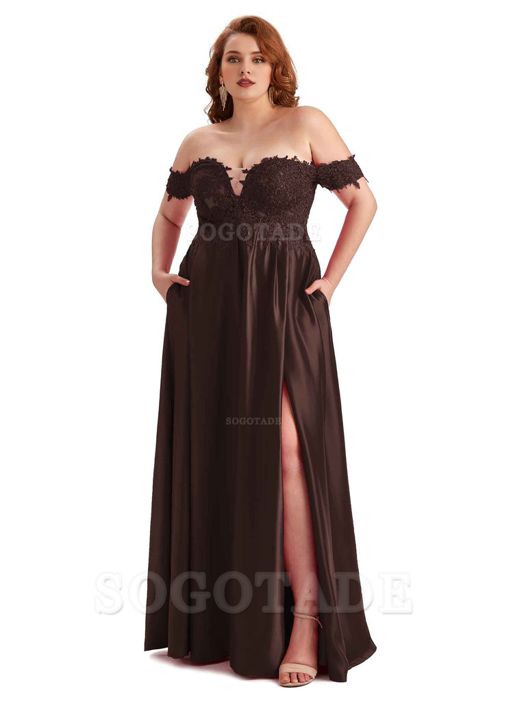 Off Shoulder Side Slit Lace Soft Satin Long Plus Size Bridesmaid Dresses For Wedding