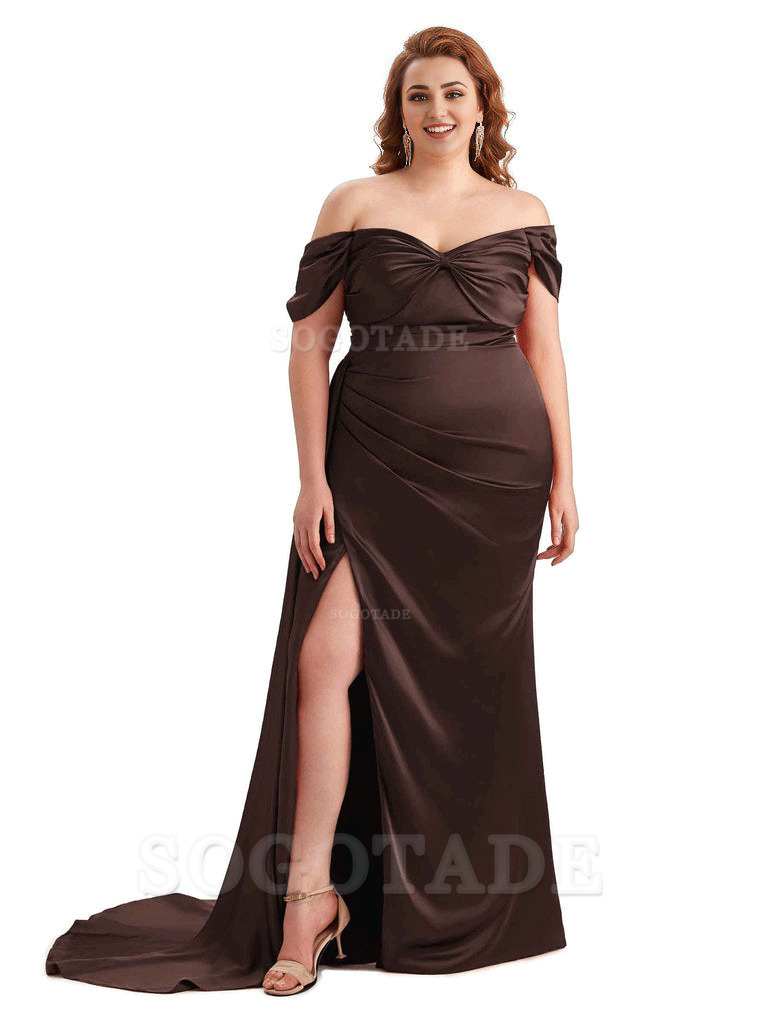  Sexy Side Slit Off The Shoulder Mermaid Soft Satin Long Plus Size Bridesmaid Dress For Wedding