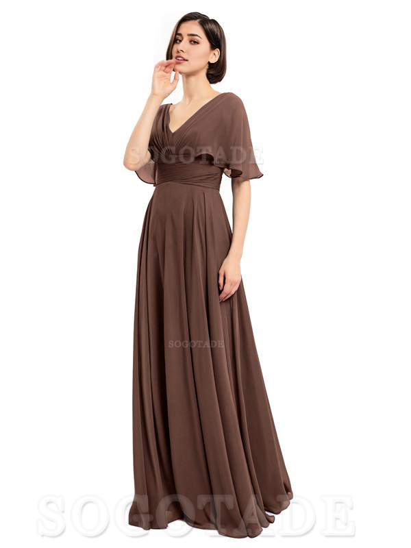  V-Neck Cap Sleeves Sleeves Chiffon Long Elegant Bridesmaid Dresses Formal Wear Dresses