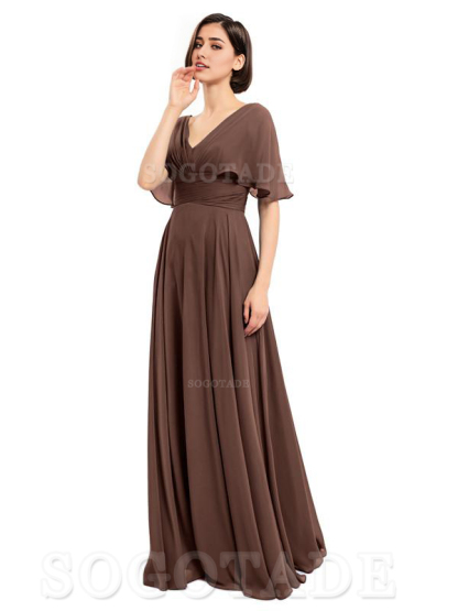  V-Neck Cap Sleeves Sleeves Chiffon Long Elegant Bridesmaid Dresses Formal Wear Dresses